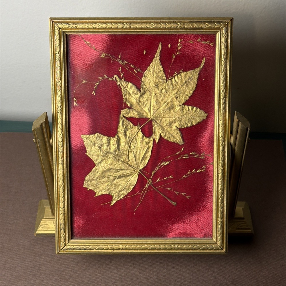 Vintage Gold Leaf Framed Maple Leaves Table Top Art Moody Dark Academia